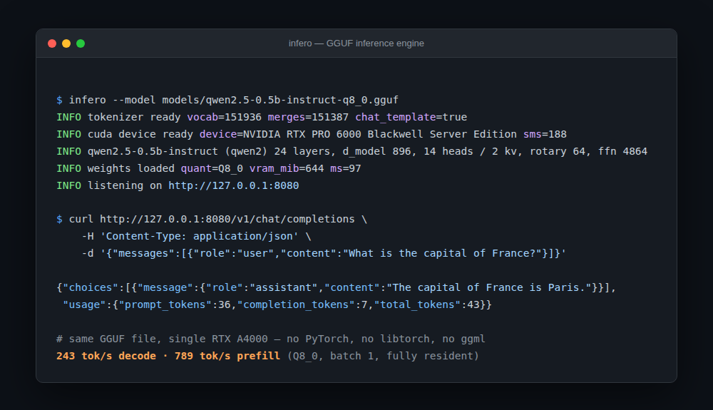 infero serving a GGUF model over an OpenAI-compatible endpoint